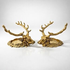 Vintage Solid Brass Elk Deer Antler Pillar Candle Holders Department 56